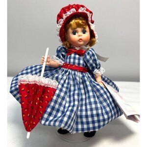 Madame Alexander Miniature Showcase Doll With Parasol & Red Bonnet, Signed Stand